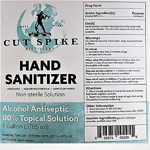 Cut Spike Distillery Hand Sanitizer, 80% Alcohol Antiseptic, Unscented, Gallon - MADE IN THE USA
